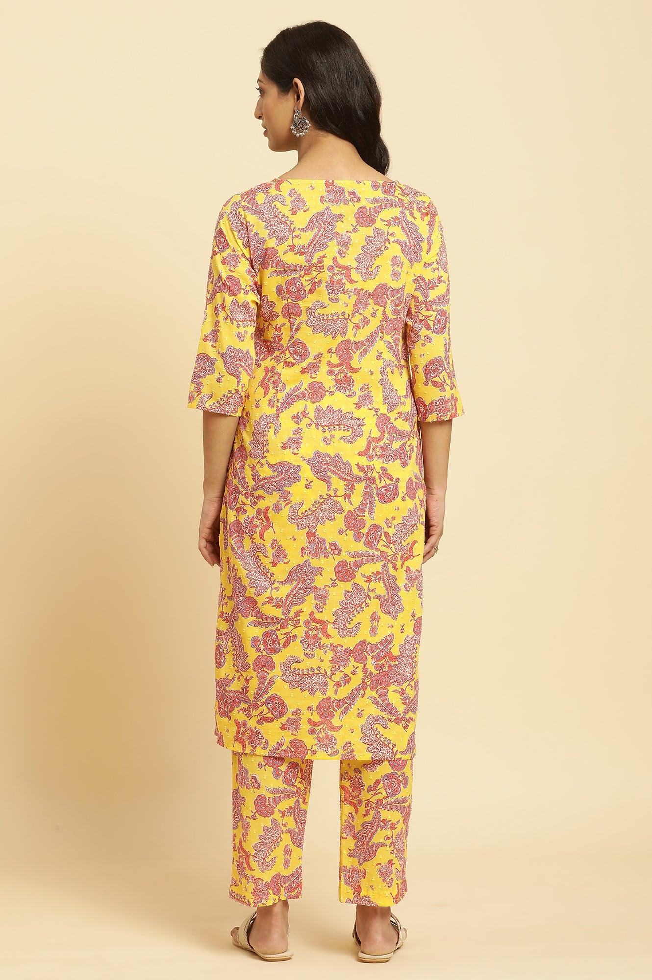 Yellow Floral Printed Cotton Kurta And Pants Co-Ord Set - Image 3