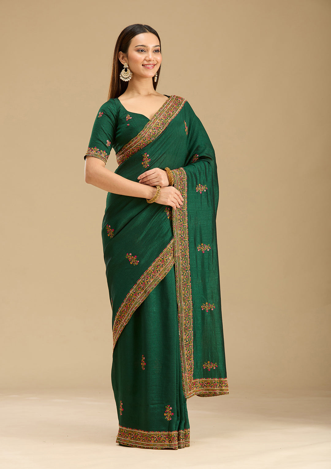 Bottle Green Kashmiri Soft Raw Silk Saree - Image 4